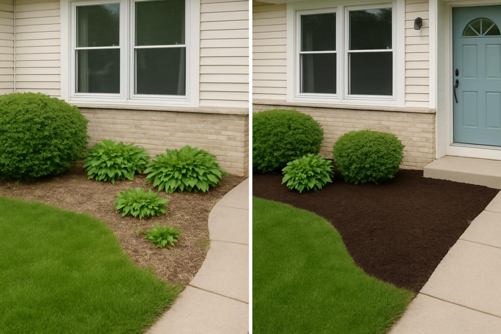 Before and after comparison of professional mulching services application on Wisconsin home landscape bed