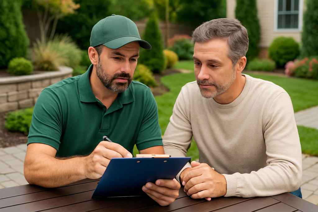 Landscape contractor reviewing landscaping company insurance documents with homeowner