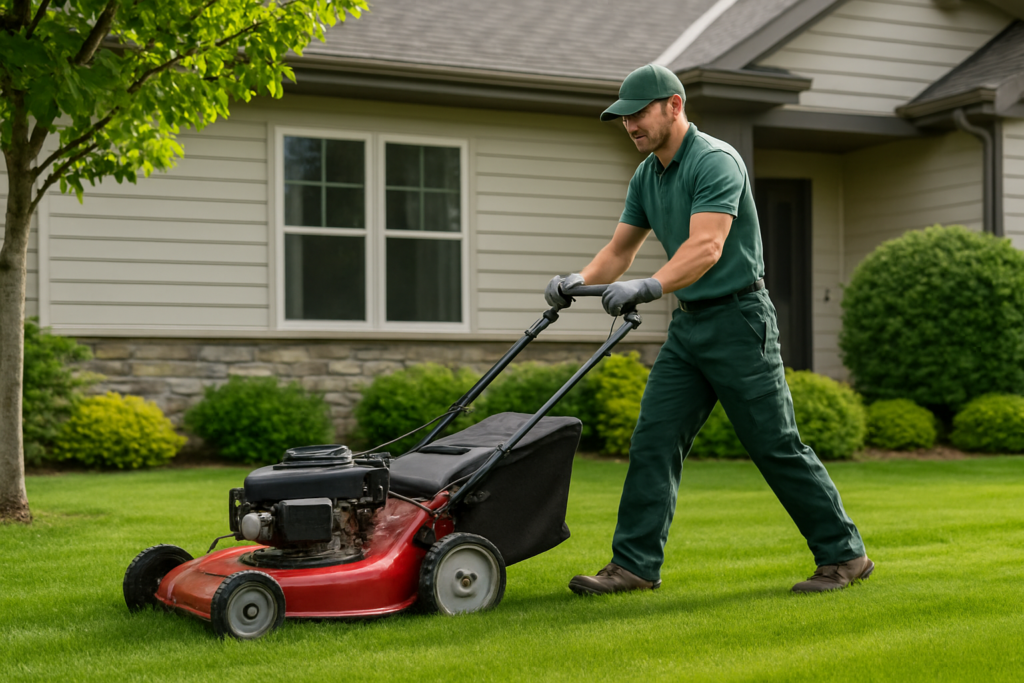 Professional landscaper mowing residential lawn services Wisconsin