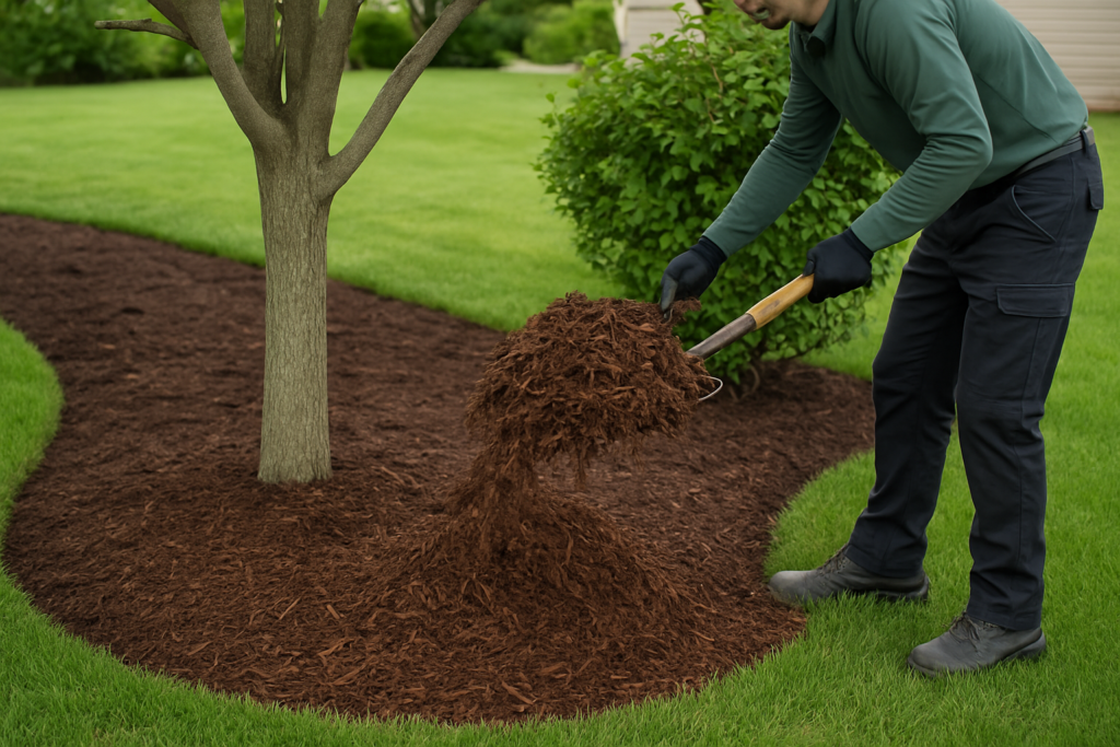 Professional mulching services installation showing shredded bark application around landscape beds in Wisconsin