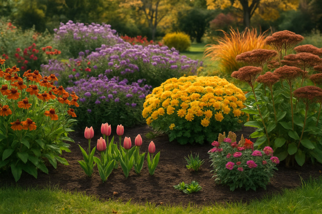 Wisconsin fall garden with colorful perennials and bulb planting