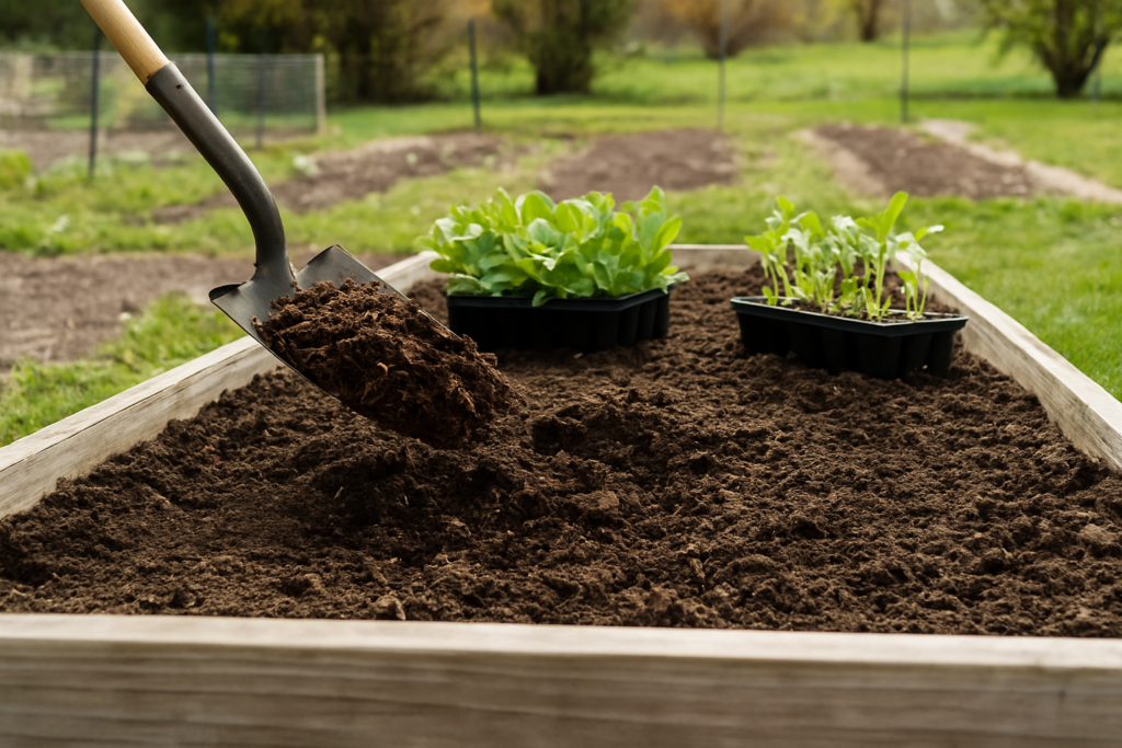 Wisconsin spring garden preparation with soil amendment and early seedlings