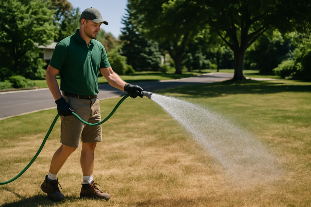 wisconsin summer lawn maintenance professional watering grass during drought