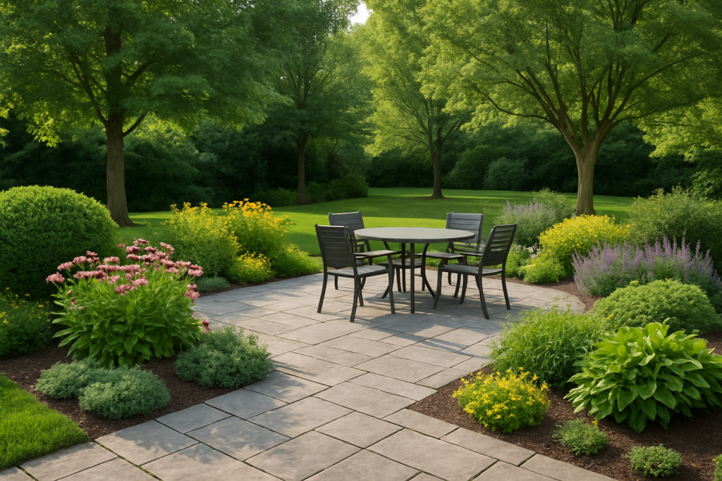 Balanced hardscape softscape design showing patio with surrounding perennial beds, shrubs, and mature trees