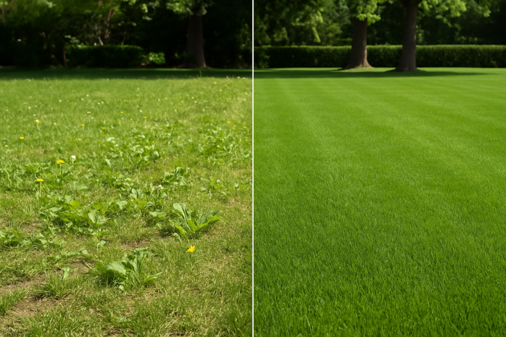 before and after comparison of wisconsin lawn weed removal and restoration