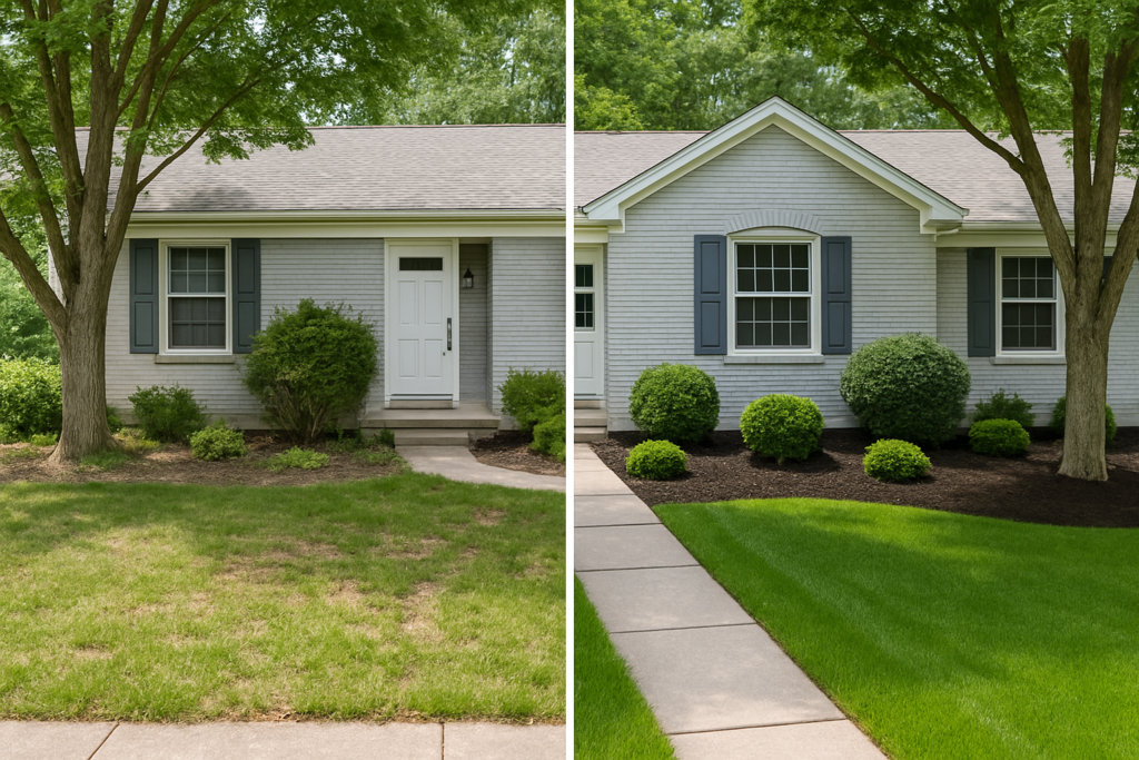 Before and after residential transformation by professional landscaping company showcasing mulching and lawn care improvements