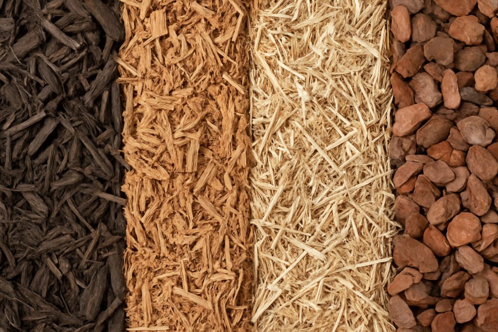 Close-up comparison of different mulch materials side by side showing color texture and composition
