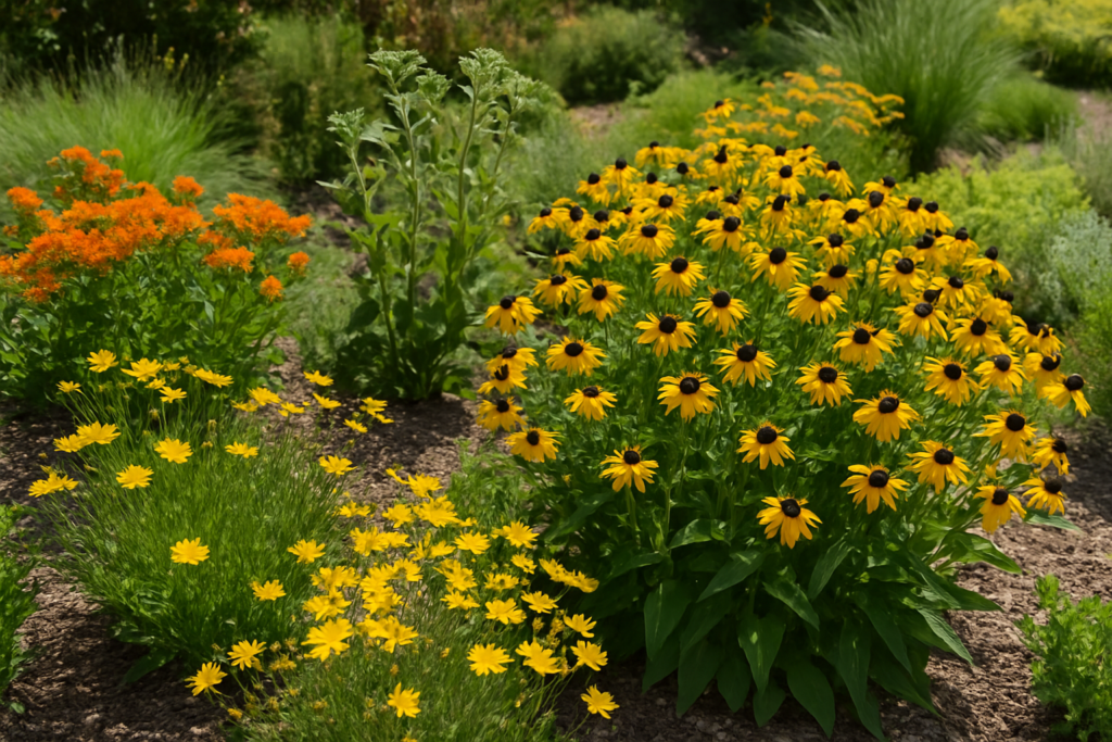 Colorful drought resistant landscaping Wisconsin native plants including black-eyed Susan, butterfly weed, and coreopsis in full bloom