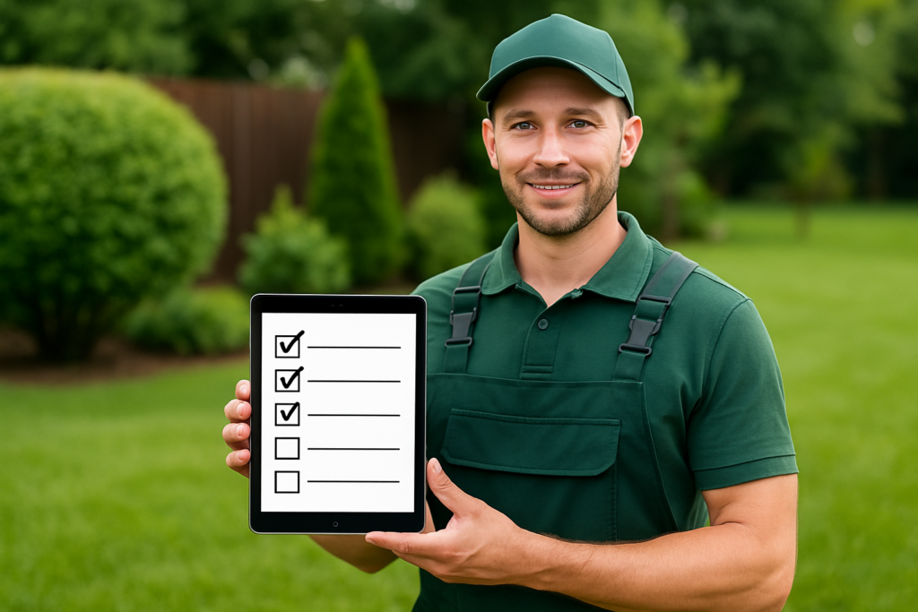 Comparison checklist for evaluating lawn services near me in Wisconsin with licensed contractor holding tablet