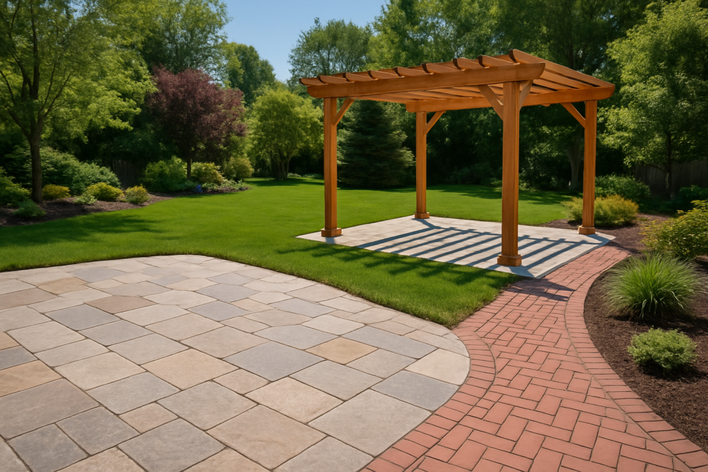 Diverse hardscape materials including stone patio, brick walkway, and wooden pergola in Wisconsin yard