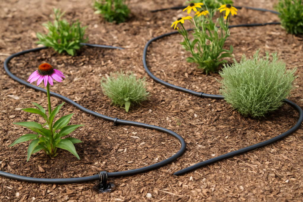 Drip irrigation system installed around native Wisconsin perennials demonstrating proper water delivery for drought resistant landscaping