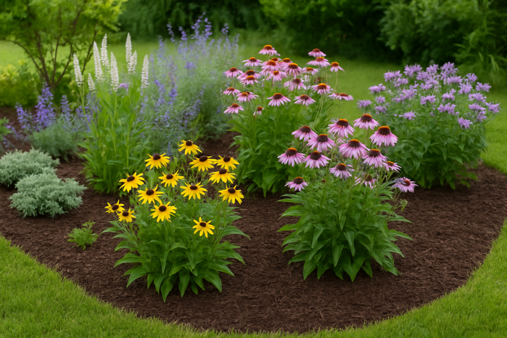 Healthy perennial garden with Wisconsin native plants and professional mulch installation