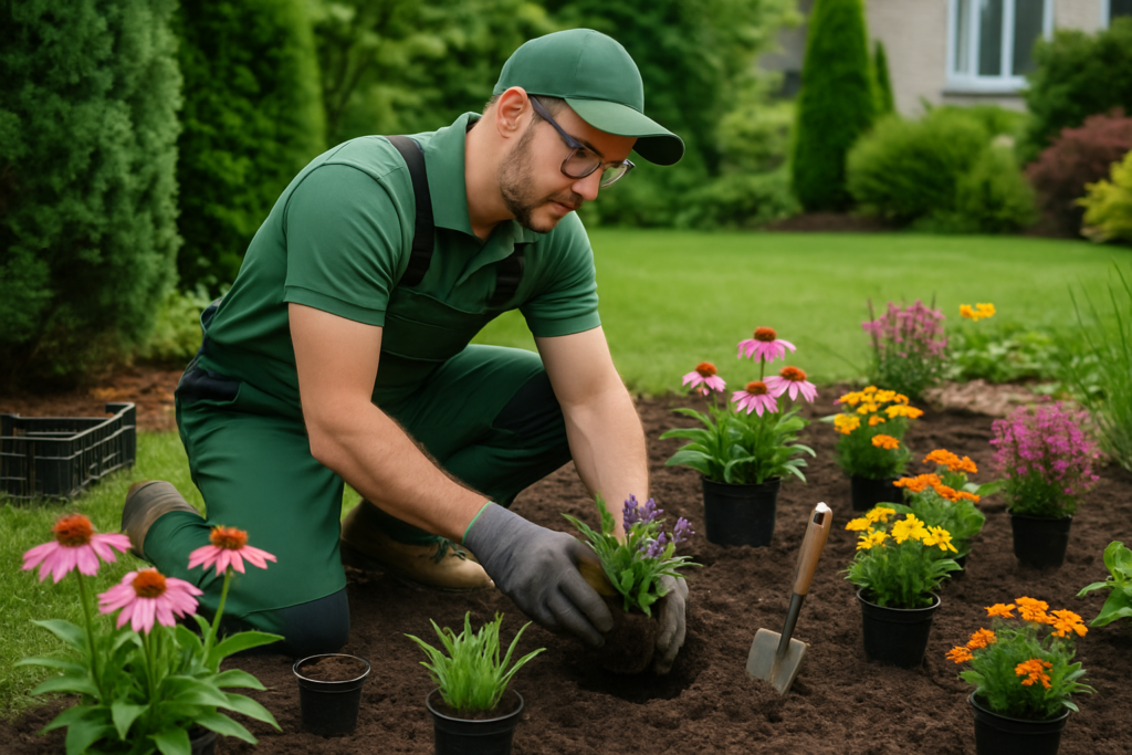 Professional gardener planting colorful perennials in Wisconsin garden bed