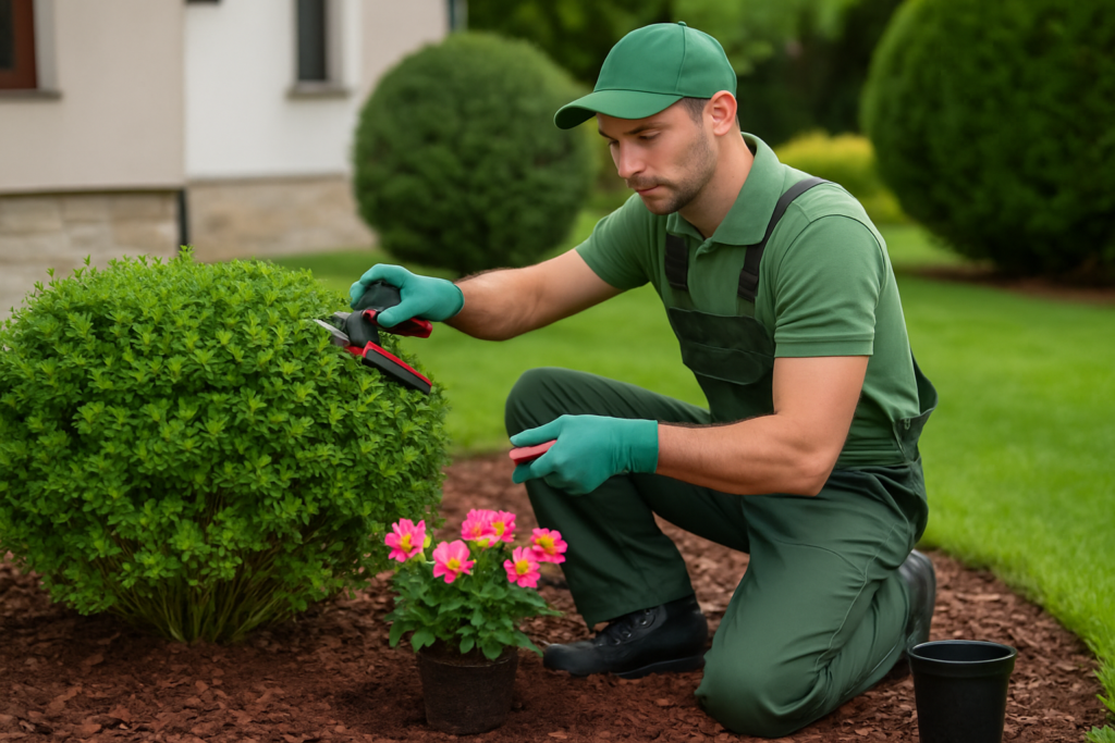 Professional gardener pruning shrubs and planting flowers for Wisconsin yard maintenance