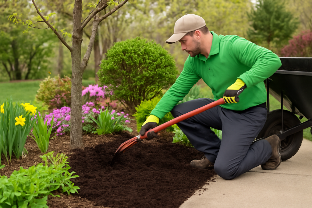 professional landscaper installing mulch in Wisconsin garden spring season