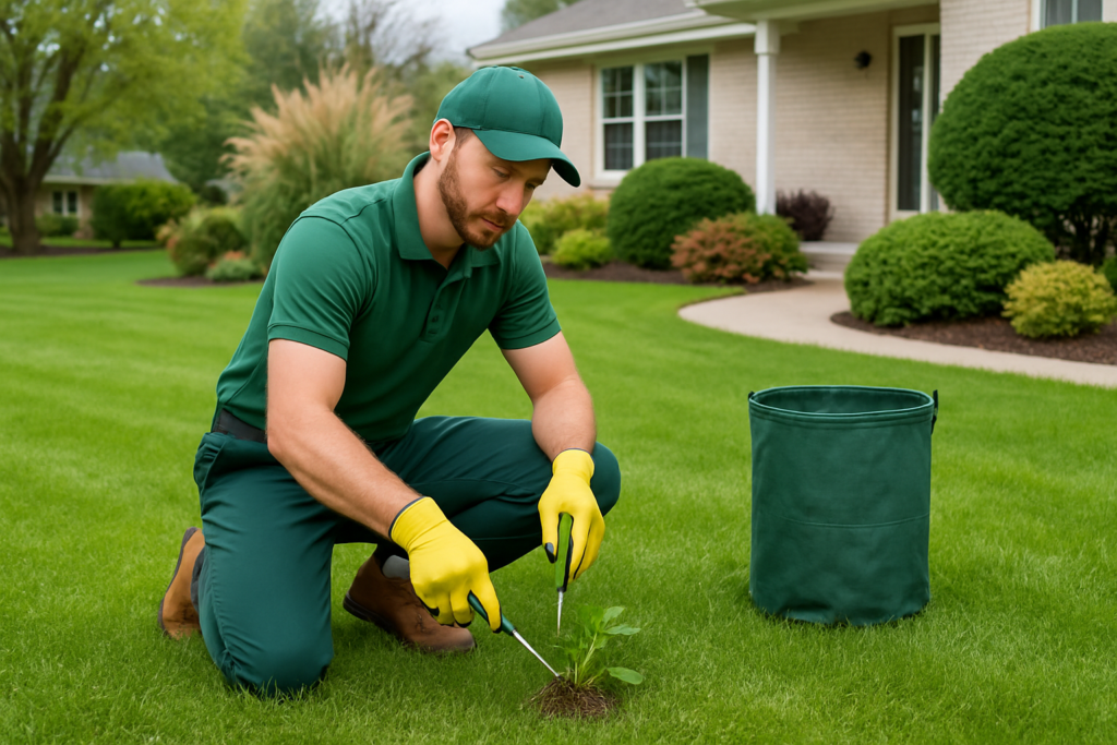 professional landscaper performing targeted weed removal in wisconsin residential yard