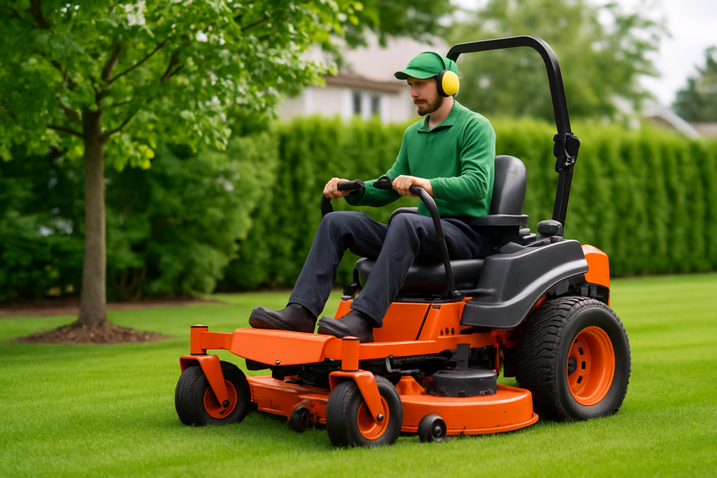 Professional landscaper using zero-turn mower for grass cutting service near me in Wisconsin yard