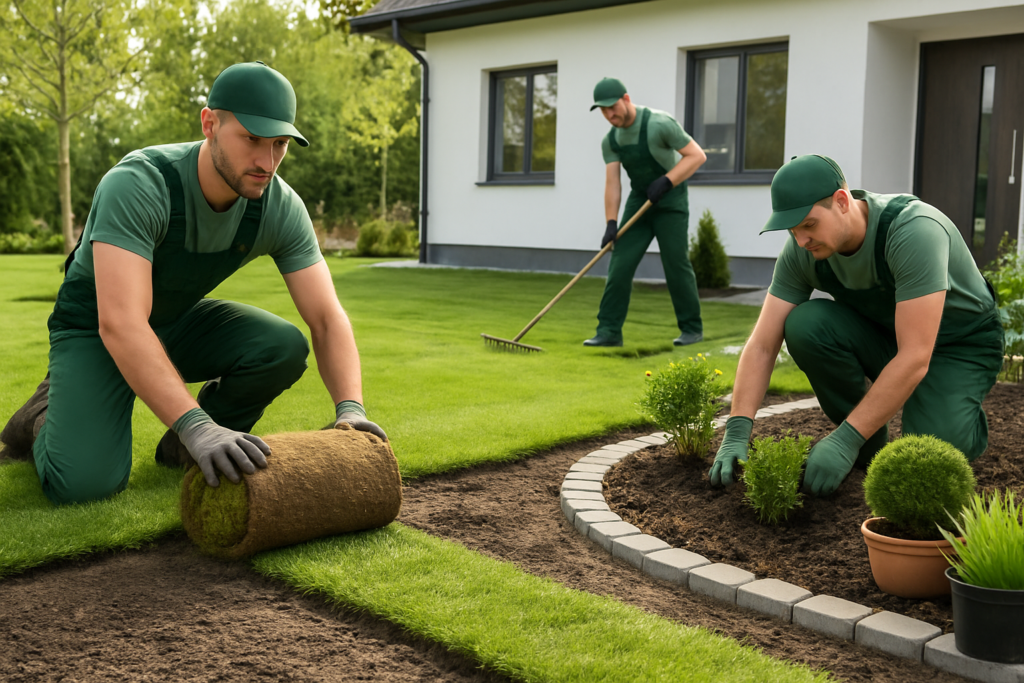 Professional landscaping company team working on residential lawn design and installation