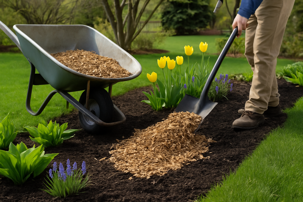 Spring mulch application in Wisconsin yard with fresh wood chips spreading around flower beds