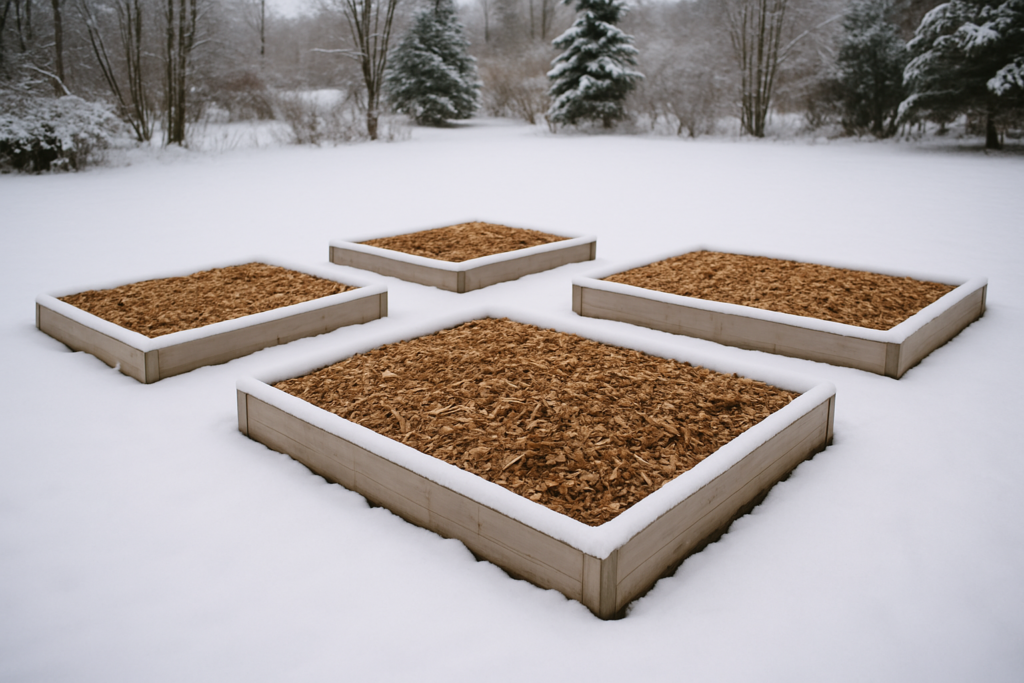 Winter-protected garden beds covered with mulch in snowy Wisconsin landscape