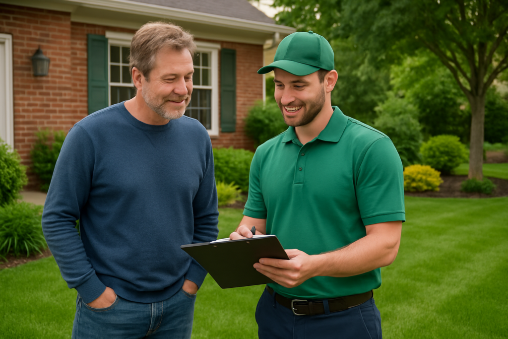 Wisconsin homeowner consulting with local lawn services professional about yard design and maintenance plan